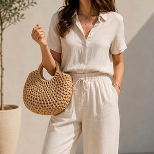 Puede incluir: Una camisa beige de manga corta con botones y cuello, junto con un pantalón beige a juego con cordón ajustable. Un bolso redondo de paja trenzada color canela con asa circular se sostiene a un lado. El conjunto es monocromático y de tono neutro.