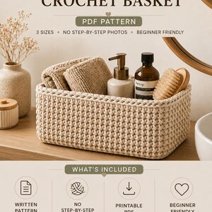 May include: A rectangular crochet basket in a light beige color, filled with two folded tan washcloths, a brown pump bottle, a dark amber bottle labeled Aesop, and a wooden brush. The text reads: PDF PATTERN RECTANGULAR CROCHET BASKET, 3 SIZES, NO STEP-BY-STEP PHOTOS, BEGINNER FRIENDLY, WHAT'S INCLUDED, WRITTEN PATTERN, PRINTABLE PDF, INSTANT DOWNLOAD, MULTI LANGUAGE SUPPORT, MADE WITH LOVE.