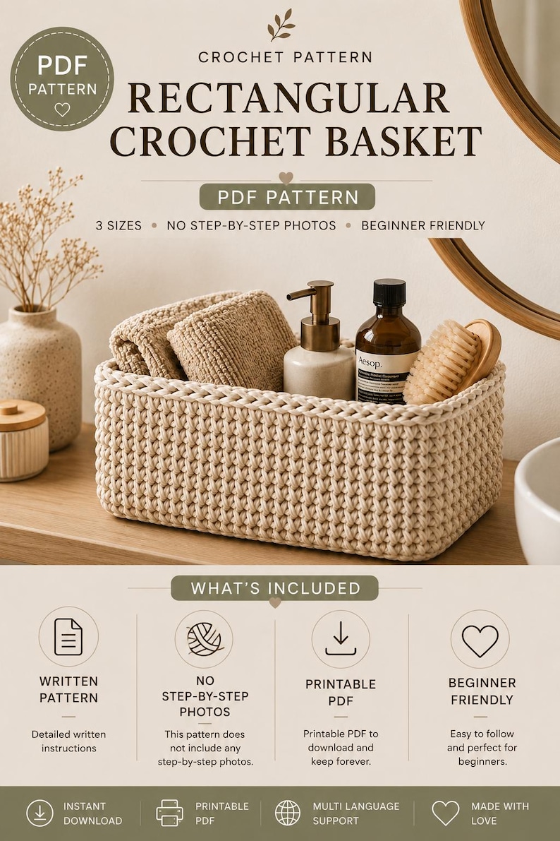 May include: A rectangular crochet basket in a light beige color, filled with two folded tan washcloths, a brown pump bottle, a dark amber bottle labeled Aesop, and a wooden brush. The text reads: PDF PATTERN RECTANGULAR CROCHET BASKET, 3 SIZES, NO STEP-BY-STEP PHOTOS, BEGINNER FRIENDLY, WHAT'S INCLUDED, WRITTEN PATTERN, PRINTABLE PDF, INSTANT DOWNLOAD, MULTI LANGUAGE SUPPORT, MADE WITH LOVE.