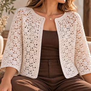 May include: An off-white, open-front crochet cardigan featuring a repeating floral-inspired pattern, three-quarter length sleeves, and a round neckline. The garment is worn over a dark brown tank top and dark brown trousers, showcasing a textured knit.