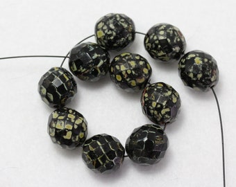 14mm Faceted Pressed Czech Glass Black and Yellow Speckled Beads, Quantity 10 Beads