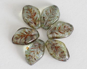 14x9mm Curved Wavy Leaf Lumi Green Czech Glass Side Drilled Beads, Qty 24