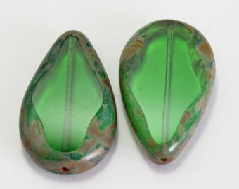 30x18mm Emerald Picasso Wash Center Drilled transparent Czech Glass Teardrop Beads Qty 2