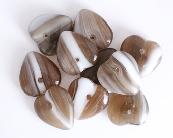 16mm Heart White and Brown Striped Czech Glass Beads