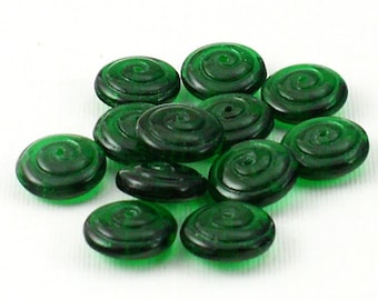 Emerald Green Czech Glass Spiral Rondelle Beads 13.5x5.5mm,  24 beads