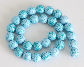 10mm Round Glass Beads, Turquoise and Blue Speckled Beads, Quantity 32 beads