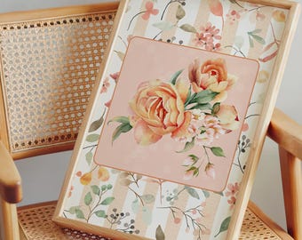 Peach Rose Watercolor Floral Wall Art, Vintage Cottagecore Botanical Print