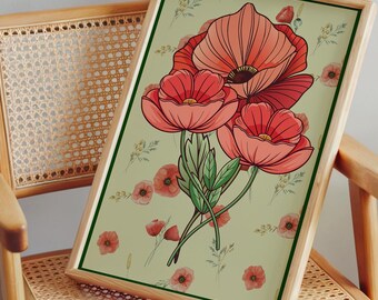 Red Poppy Wall Art – Printable Botanical Floral Decor for Cottagecore, Vintage & Nature-Inspired Interiors