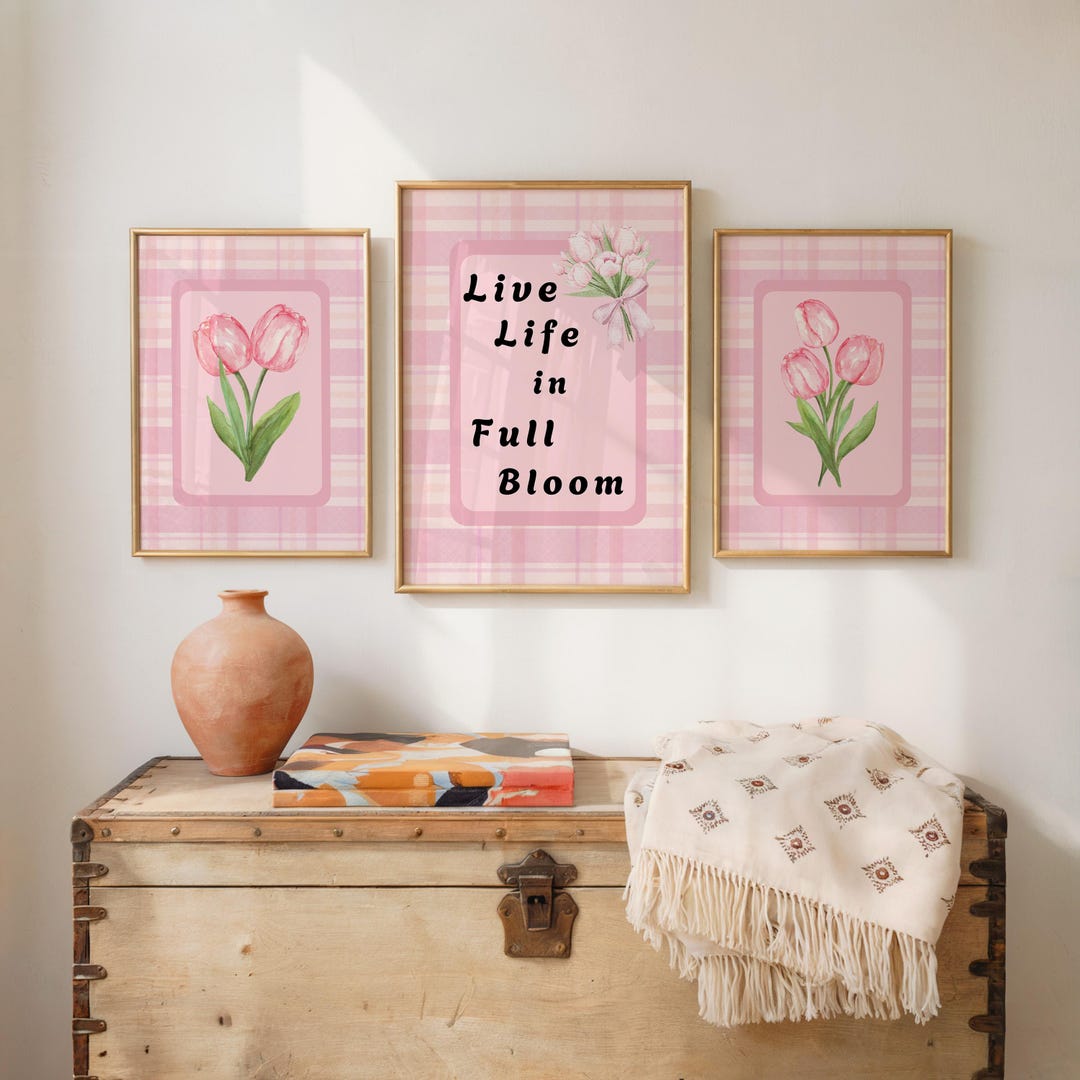 Watercolor Pink Tulips Set of 3 Botanical Art Prints, Live Life in Full ...