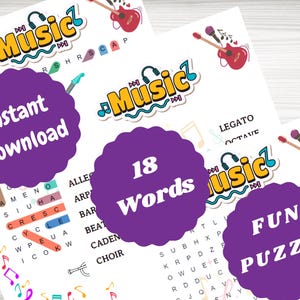 Könnte beinhalten: Zwei weiße Papierbögen mit Musik-Wortsuchrätseln. Das Wort "Music" ist in einer bunten Schriftart mit Noten und Instrumenten gehalten. Lila Kreise mit den Wörtern "Instant Download", "18 Words" und "Fun Puzzle" sind ebenfalls vorhanden.