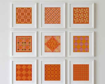 Square Orange Quilt Block Wall Art Set of 9