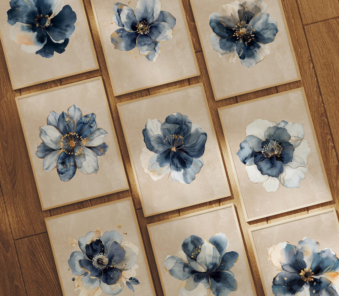 Watercolor Blue Floral Wall Art Set With Modern Botanical Prints for ...