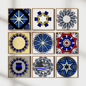 Police Themed Mandala Wall Art Law Enforcement Blue & Black Unique honor hero Police Officer Thin Blue Line First Responder Kaleidoscope set