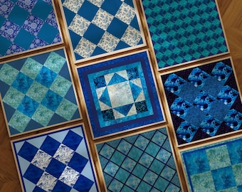 Square Blue Quilt Block Wall Art Set of 9