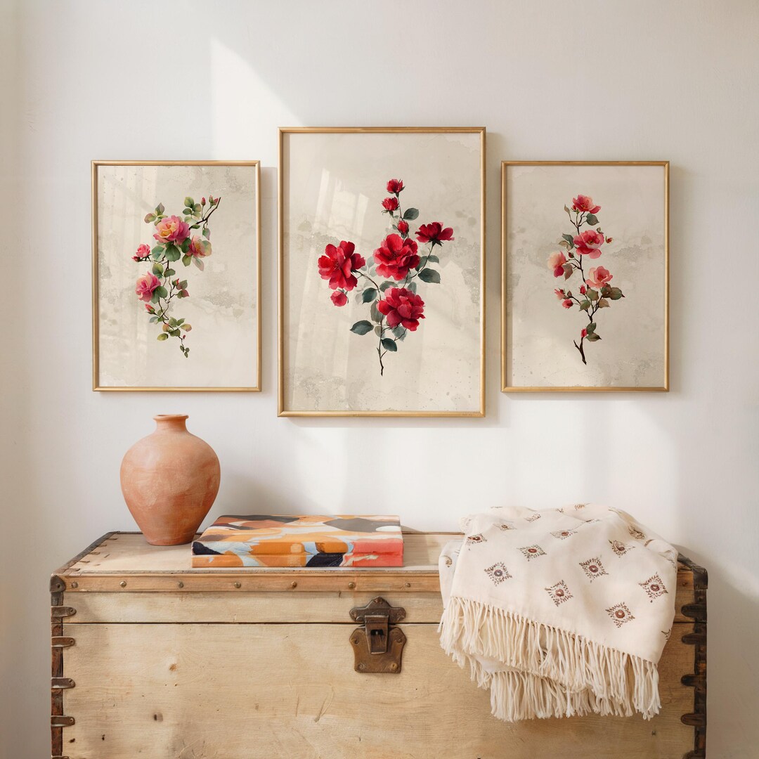 Pink and Red Rose Botanical Wall Art Trio Neutral Floral Prints - Etsy