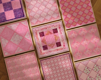 Square Pink Quilt Block Wall Art Set of 9