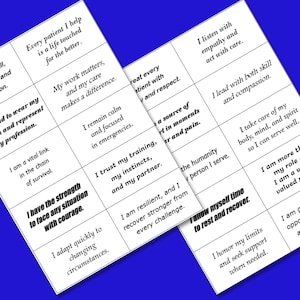 May include: Two white rectangular cards featuring a grid of black text affirmations for healthcare professionals. Each square contains phrases like I serve with skill, I am proud to wear my uniform, and I have the strength to face any situation.