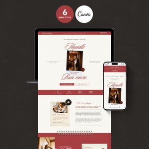 May include: A laptop and a smartphone displaying a website design for Jennifer Morrison, featuring a red and white colour scheme, grid background, and text including "Handle less. Run more." with "6 BONUS FILES" and "Canva" icons.
