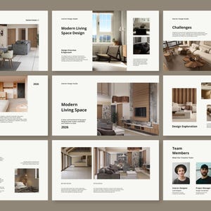 Peut inclure: Une série de diapositives de présentation présentant des concepts d'aménagement intérieur. Les diapositives présentent des images d'espaces de vie modernes, des aperçus de la conception et des profils des membres de l'équipe. La palette de couleurs est neutre.