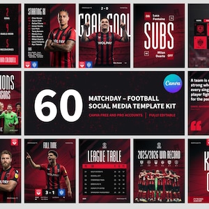 Può includere: Una collezione digitale di 60 modelli per social media dedicati al calcio, caratterizzati da schemi di colore rosso e nero. Le grafiche includono profili dei giocatori, classifiche, annunci di sostituzioni e risultati delle partite.