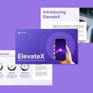 May include: A presentation with the text "Introducing ElevateX" and "ElevateX Refefining the Future with Innovation". The image includes a smartphone with a purple screen and a hand holding it. The background is purple.