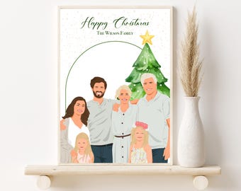Custom Family Portrait Illustration: Christmas Gift for Parents, Hand-Drawn from Photo