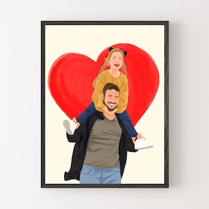 Ritratto di famiglia personalizzato da foto, regalo personalizzato per la festa del papà, regalo per papà e figlia, dipinto ad acquerello, illustrazione digitale
