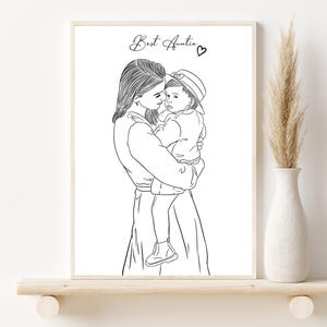Disegno personalizzato di linea artistica di famiglia, regalo per zia da nipote e nipote, regalo personalizzato per zia, ritratto senza volto da foto, regalo per persona cara