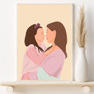 Aangepast portret, gepersonaliseerd cadeau voor haar, verjaardagscadeau moeder, cadeau van dochter, illustratie familieportret, cartoonportret van foto