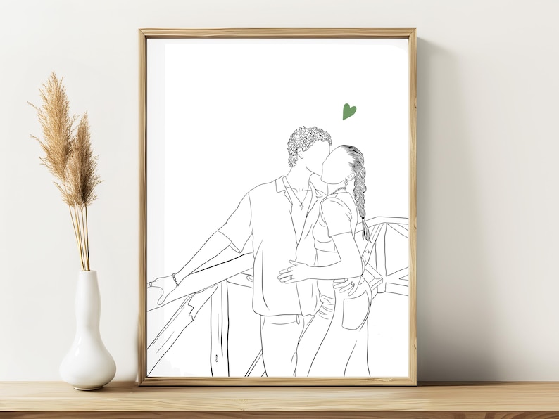 Minimal custom line drawing of a couple sharing a kiss on a bridge – a romantic and personalized gift idea for boyfriend, husband, or anniversary.