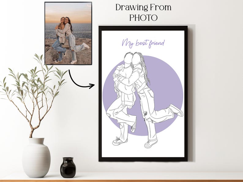 Custom line art of two best friends hugging joyfully, based on a personal photo – a fun and meaningful gift for her, sister, or birthday.