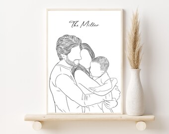 Individuelle Familien Porträt Illustration: Zeichnung vom Foto, Einzigartiges Weihnachtsgeschenk für die Familie, Handgezeichnet