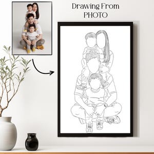 Custom line drawing of a happy family of four, based on a real photo – a thoughtful and personalized gift idea for Father’s Day, birthdays, or anniversaries.