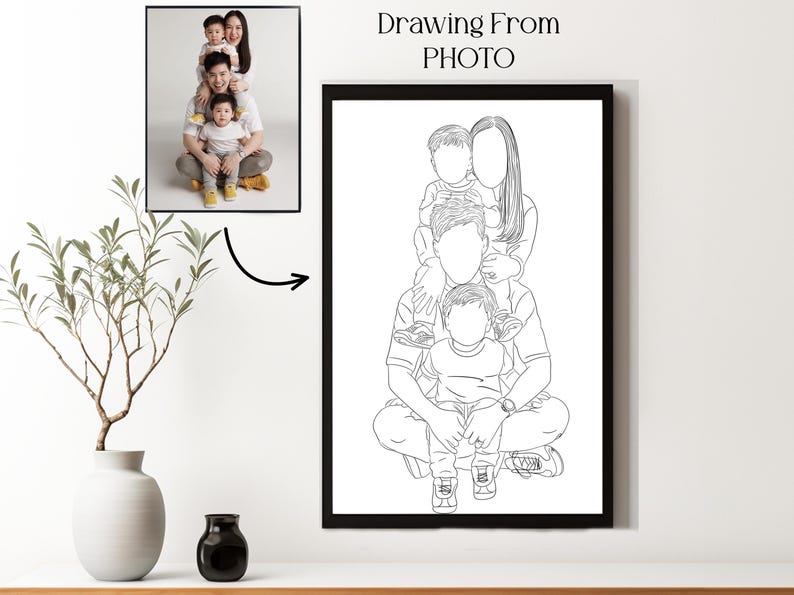 Custom line drawing of a happy family of four, based on a real photo – a thoughtful and personalized gift idea for Father’s Day, birthdays, or anniversaries.