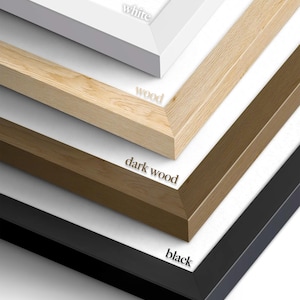 May include: Close-up of four picture frames in white, wood, dark wood, and black. The frames are angled, showcasing their different colors and textures. The word "white", "wood", "dark wood", and "black" are written on the frames.