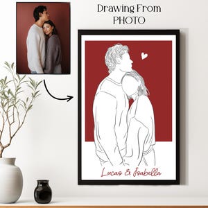 Custom line art of a couple standing close with a kiss on the forehead, personalized with names – a romantic gift idea for boyfriend, girlfriend, or anniversary.
