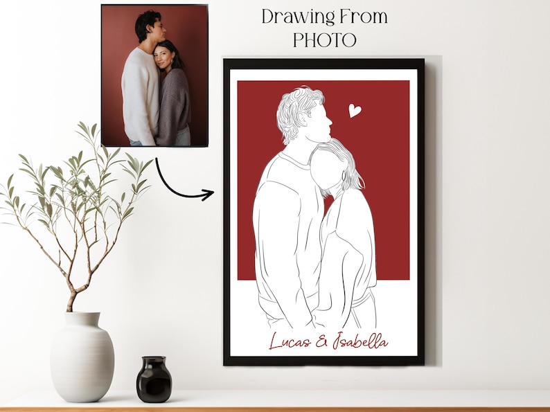 Custom line art of a couple standing close with a kiss on the forehead, personalized with names – a romantic gift idea for boyfriend, girlfriend, or anniversary.