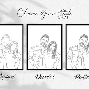 Custom couple portrait style options: Minimal, Detailed, and Realistic. Personalized line art drawing of a woman with her boyfriend, ideal for anniversary gifts, Valentine’s Day, or birthday presents for him.