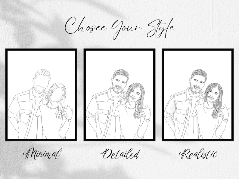 Custom couple portrait style options: Minimal, Detailed, and Realistic. Personalized line art drawing of a woman with her boyfriend, ideal for anniversary gifts, Valentine’s Day, or birthday presents for him.