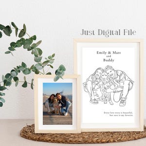 Custom line drawing of a couple and their dog, personalized with names and quote – a sentimental digital gift for boyfriend, girlfriend, or pet lovers.
