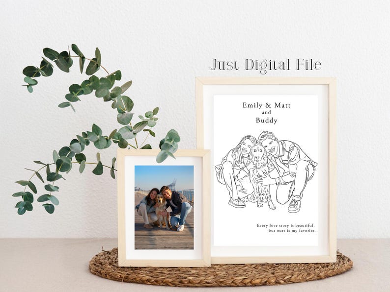 Custom line drawing of a couple and their dog, personalized with names and quote – a sentimental digital gift for boyfriend, girlfriend, or pet lovers.