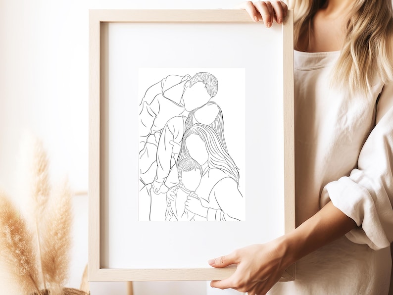 Minimal line drawing of a family in a warm embrace – a heartfelt custom portrait and sentimental gift idea for anniversaries, birthdays, or Father’s Day.
