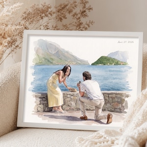 Könnte beinhalten: Ein gerahmtes Aquarellbild, das einen Heiratsantrag an einem See mit Bergen im Hintergrund zeigt. Eine Person in einem gelben Kleid steht, während eine andere Person in einem weißen Hemd und einer beigen Hose vor ihr auf die Knie geht.