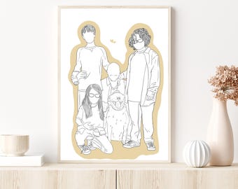Individuelle Familien Porträt Illustration: Einzigartige Weihnachtsgeschenk, Zeichnung vom Foto, One Line Art
