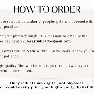 How to order guide for custom digital portraits – includes steps for photo submission, delivery time, and note that the product is a high-quality digital file, not a physical item.