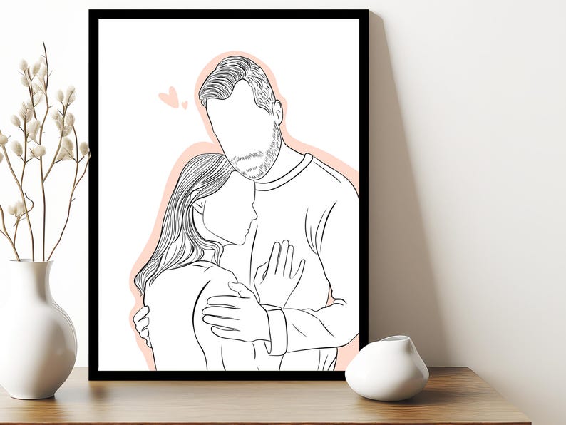 Emotional custom line drawing of a couple embracing, perfect as a sentimental gift for boyfriend, husband, or a personalized anniversary surprise.