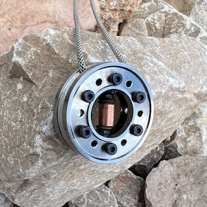 Handmade Industrial Metal Pendant Necklace: Copper Bead, Silver Chain