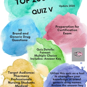 Quiz V Top 200 Worksheet Digital Download, PTCB Exam, ExCPT, Nursing Student, Tutor Aid, Medical Brand/Generic Questions 30 w/key 5 of 7