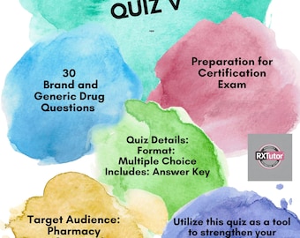 Quiz V Top 200 Worksheet Digital Download, PTCB Exam, ExCPT, Nursing Student, Tutor Aid, Medical Brand/Generic Questions 30 w/key 5 of 7