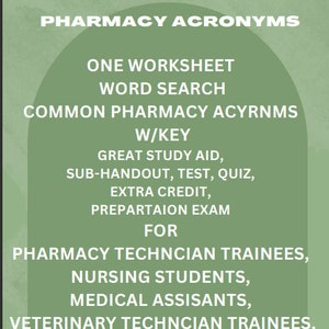 Apotheke Akronyme Wortsuche Arbeitsblatt mit Schlüssel für Apothekentechniker, Krankenpflege- und Medizinstudierende, Quiz, Test, Zertifizierungsprüfung
